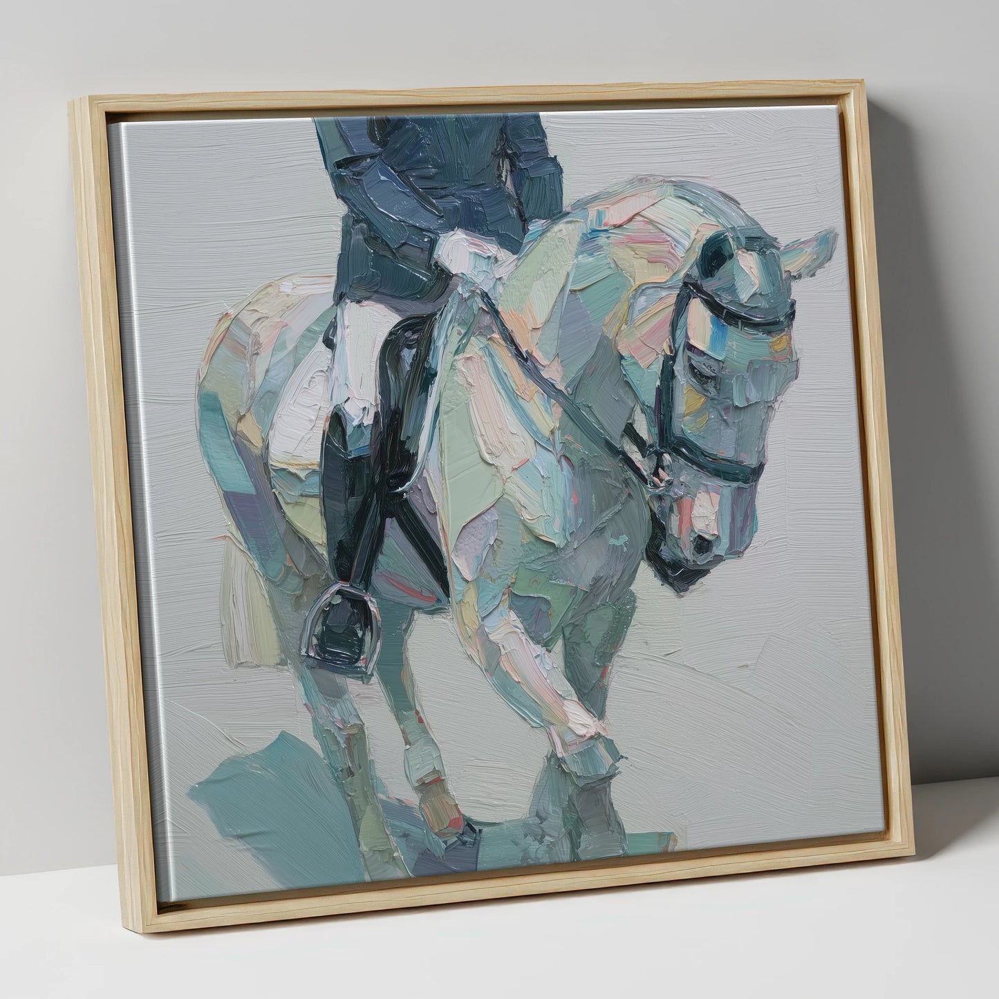 Collected In Pastel dressage horse canvas wall art in natural frame