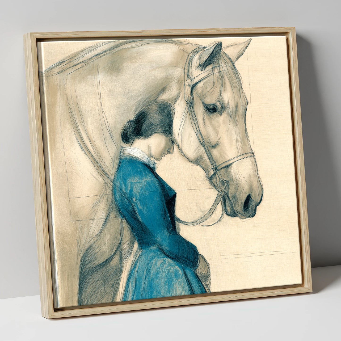 Solace in Stillness horse & rider canvas wall art in natural frame