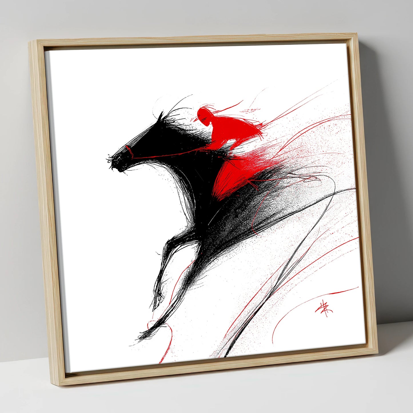 Adrenaline in Red racing horse canvas wall art in natural frame
