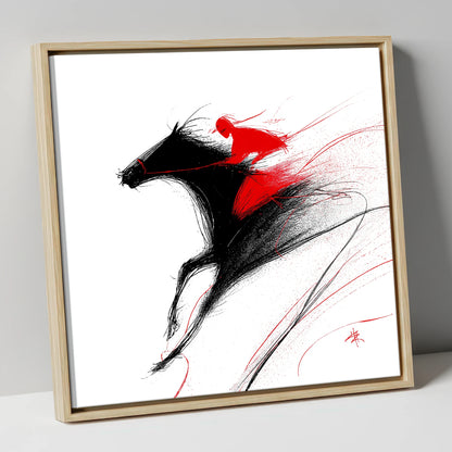 Adrenaline in Red racing horse canvas wall art in natural frame