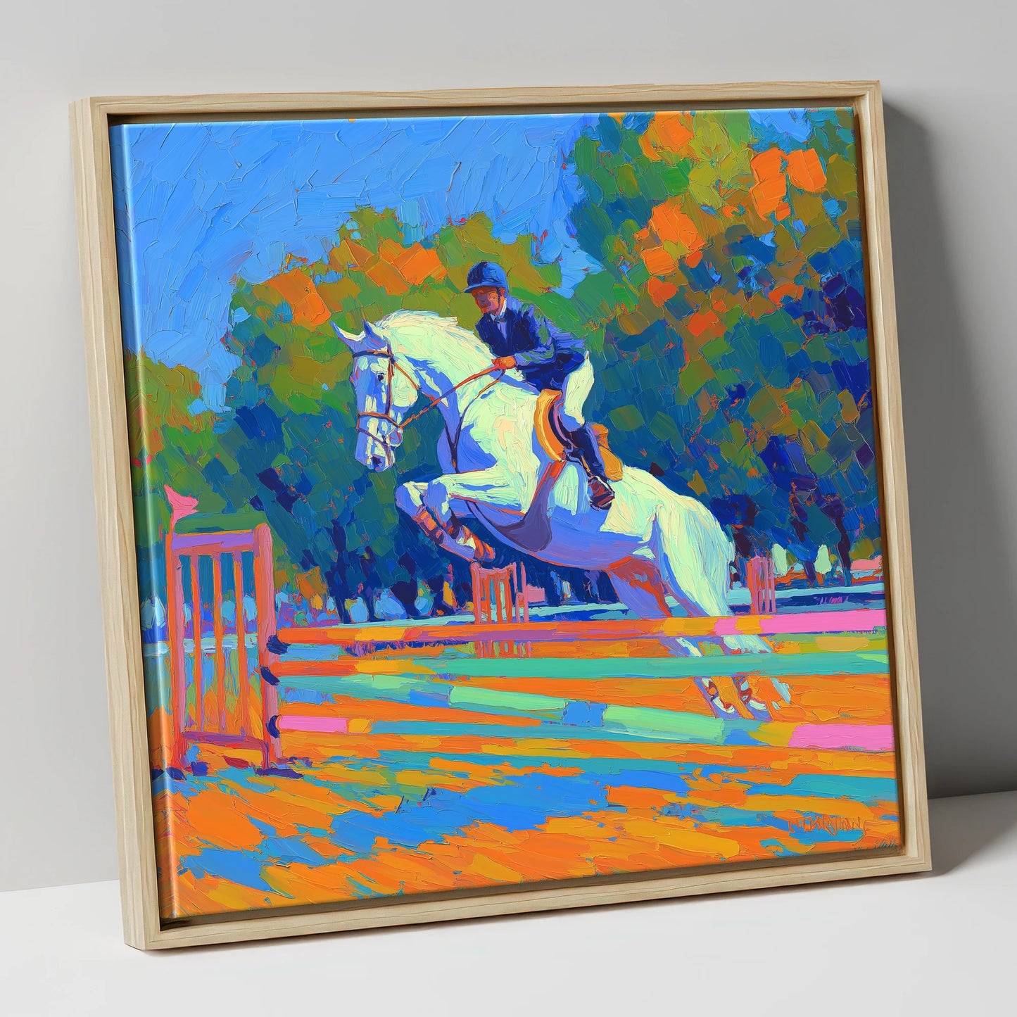 Vibrant Showjumping Leap show jumping horse canvas wall art in natural frame