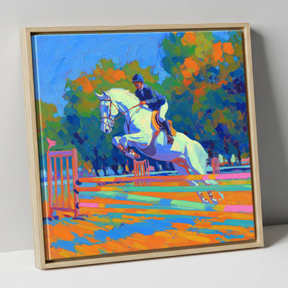 Vibrant Showjumping Leap show jumping horse canvas wall art in natural frame