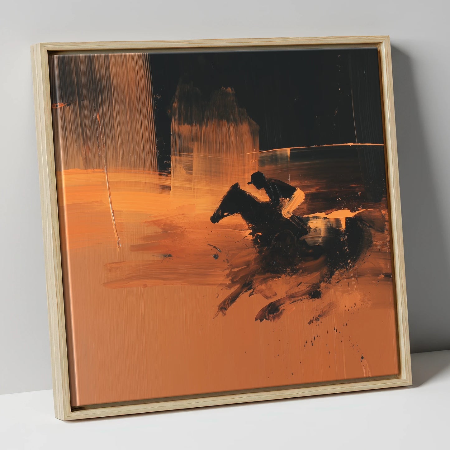 Amber Racing Silhouette racing horse canvas wall art in natural frame