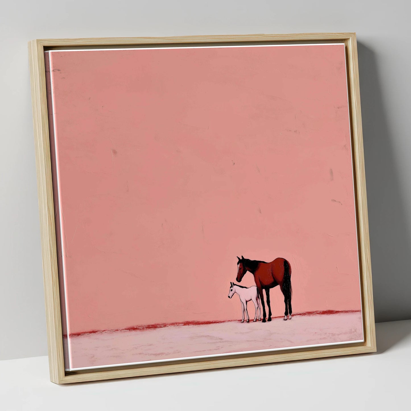 Dusty Rose Bond mare & foal canvas wall art in natural frame