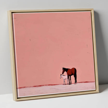 Dusty Rose Bond mare & foal canvas wall art in natural frame