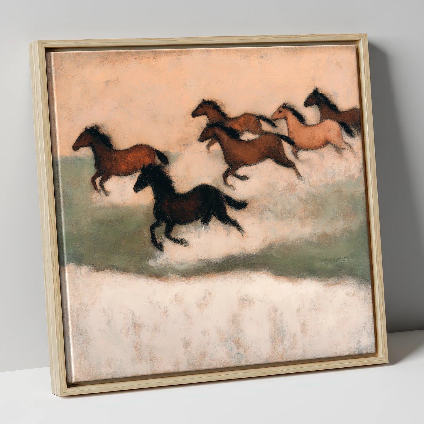 Silhouettes in the Dust wild horses canvas wall art in natural frame