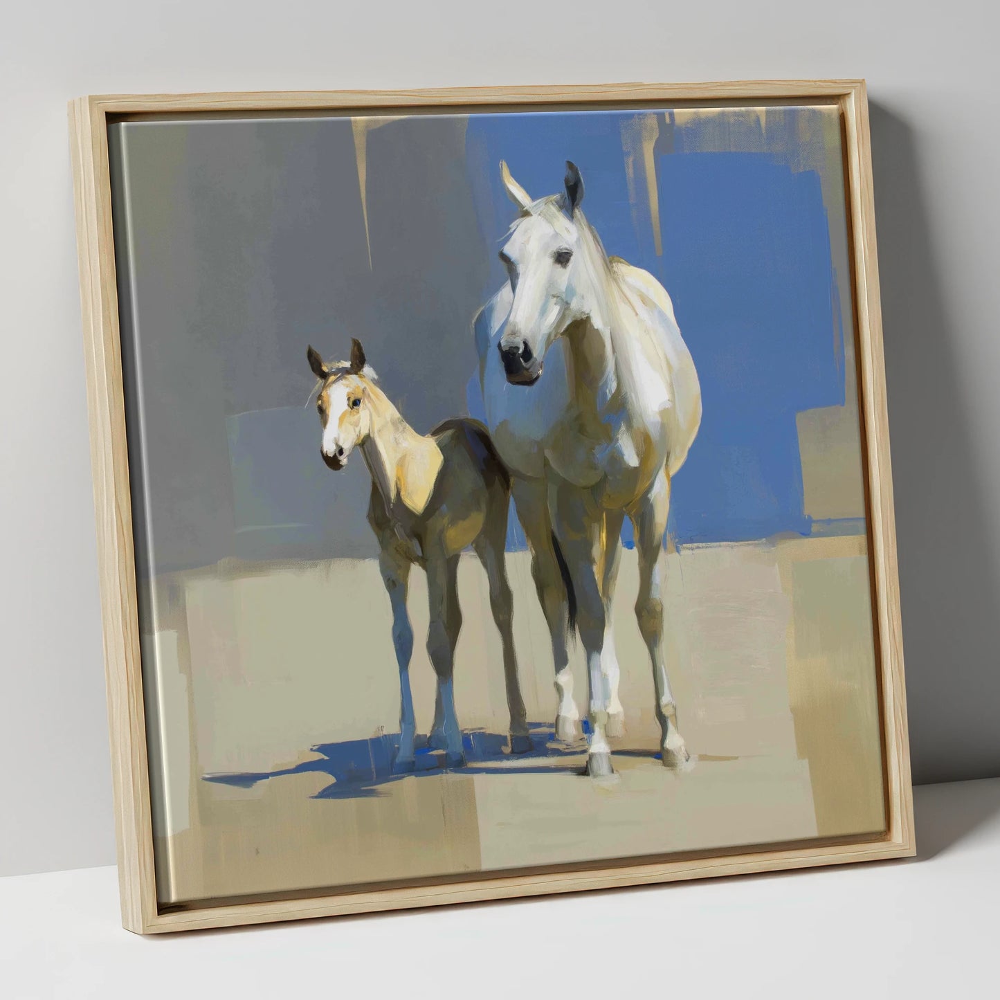 Sunlit Bonds mare & foal canvas wall art in natural frame