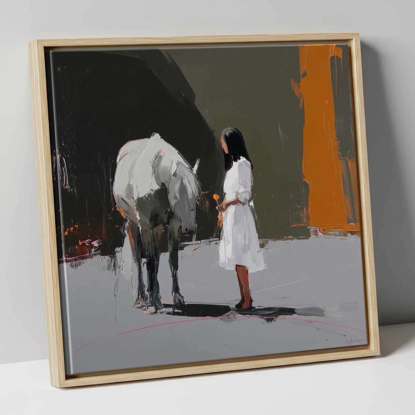Silent Dialogue horse & rider canvas wall art in natural frame