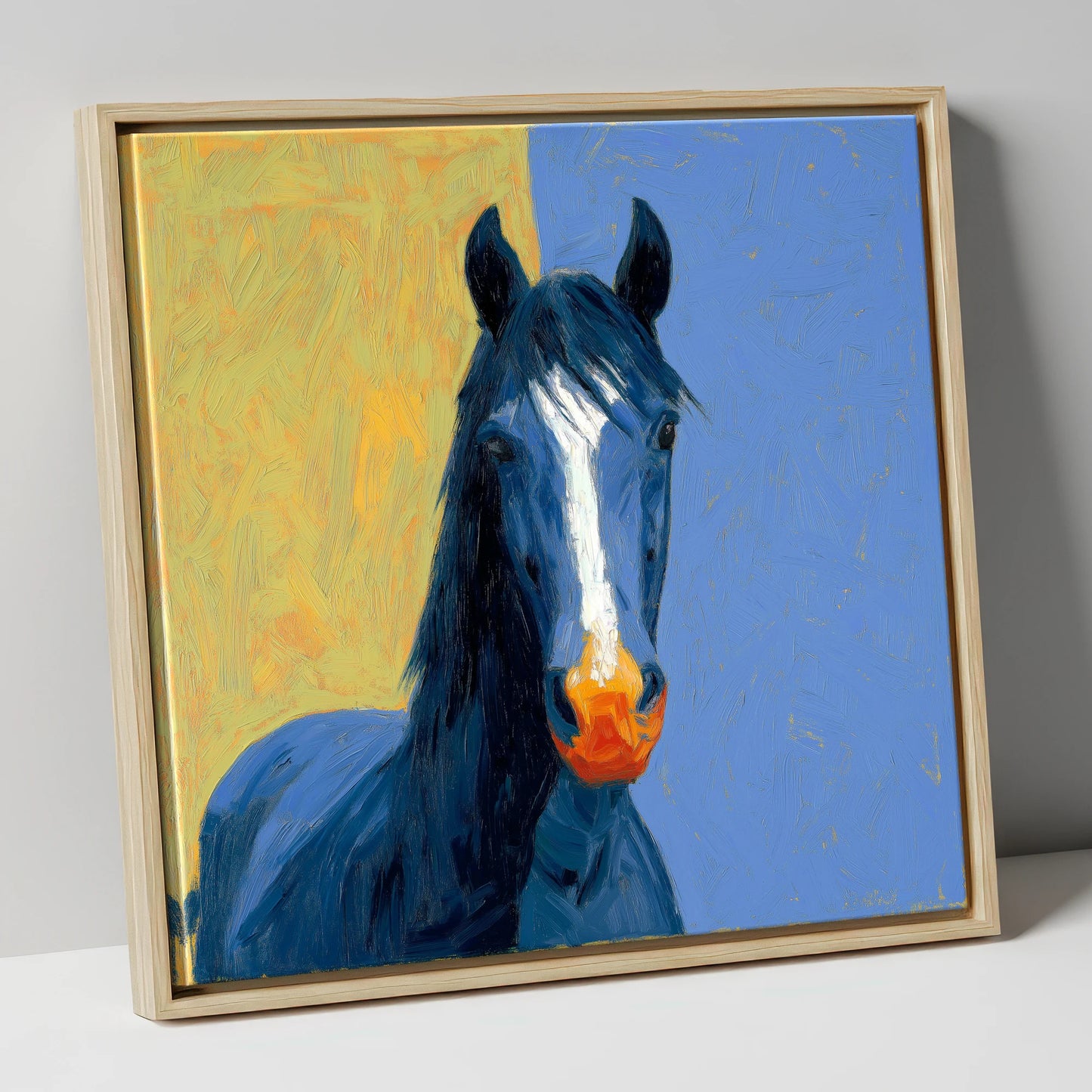 The Azure Blaze horse breed canvas wall art in natural frame