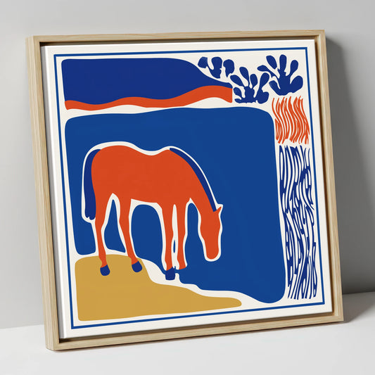 Abstract Azure Grazer horse landscape canvas wall art in natural frame