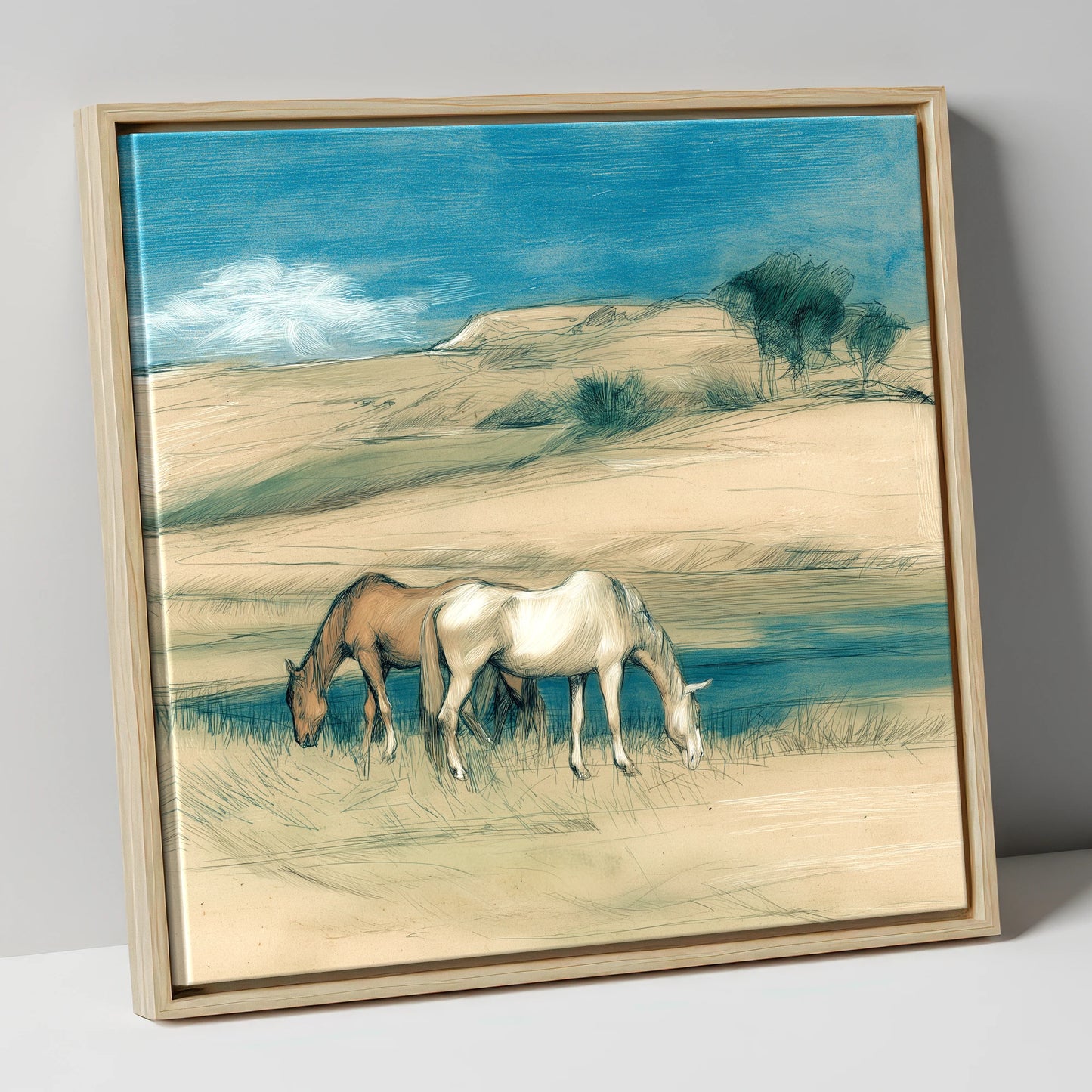 Quiet Companions horse landscape canvas wall art in natural frame