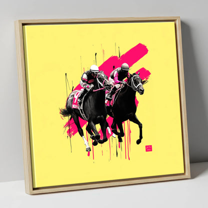 High Stakes Sprint racing horse canvas wall art in natural frame