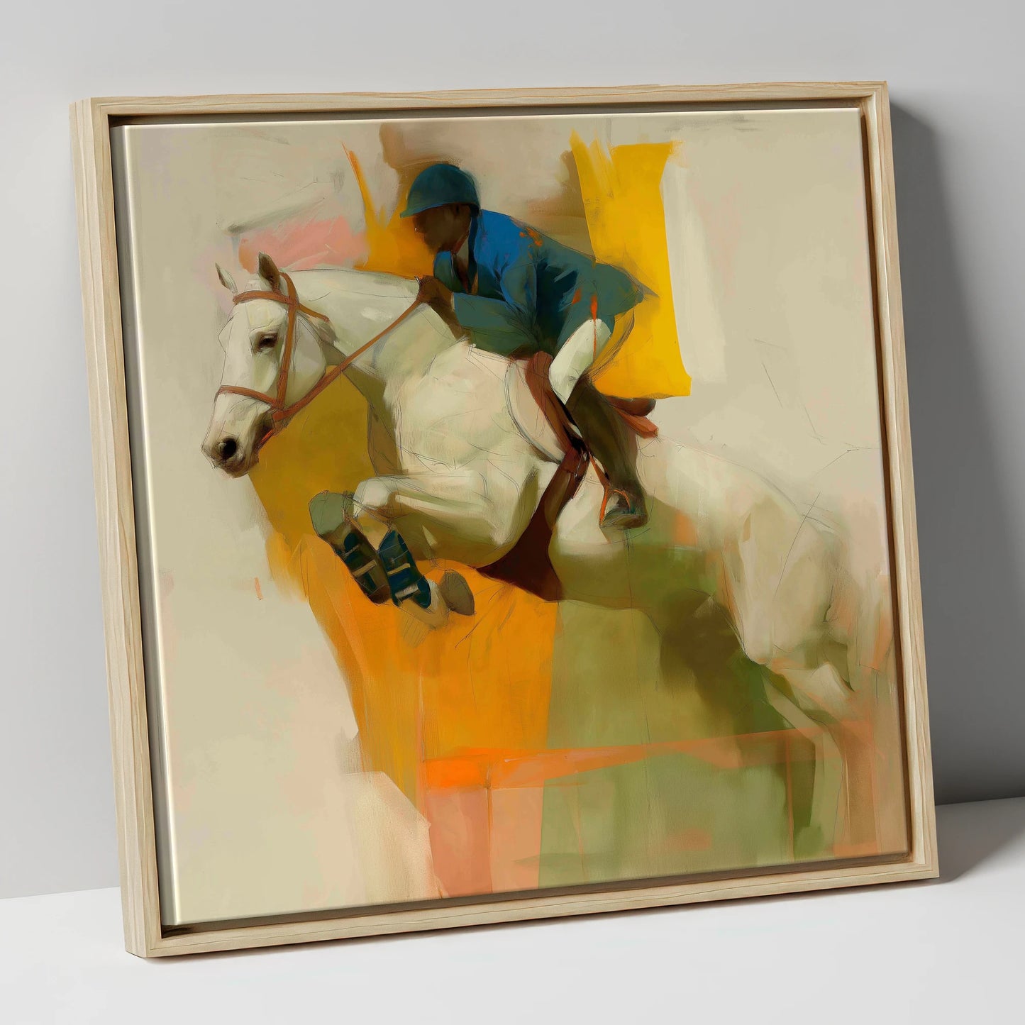 The Moment of Suspension show jumping horse canvas wall art in natural frame