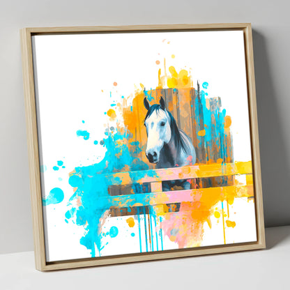 The Inquisitive Grey horse stable canvas wall art in natural frame