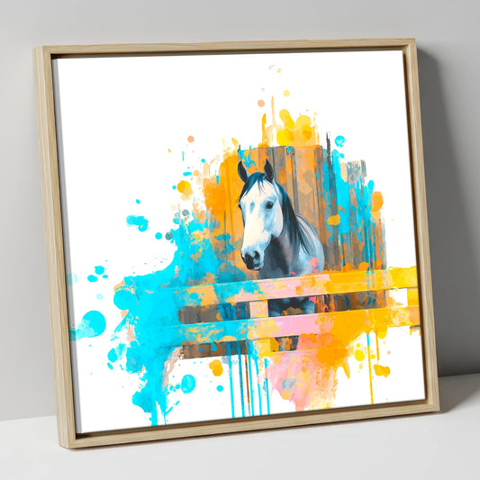 The Inquisitive Grey horse stable canvas wall art in natural frame