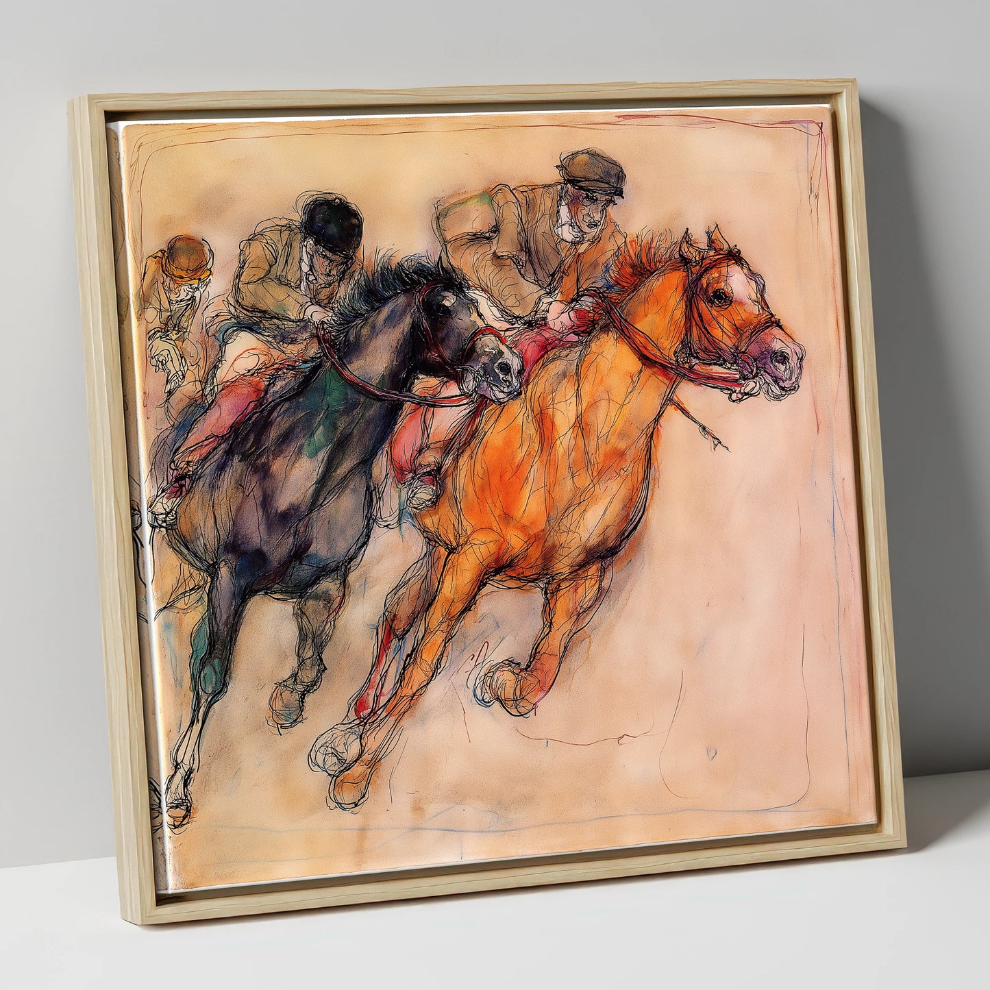 The Final Furlong racing horse canvas wall art in natural frame