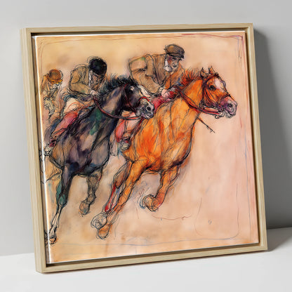 The Final Furlong racing horse canvas wall art in natural frame