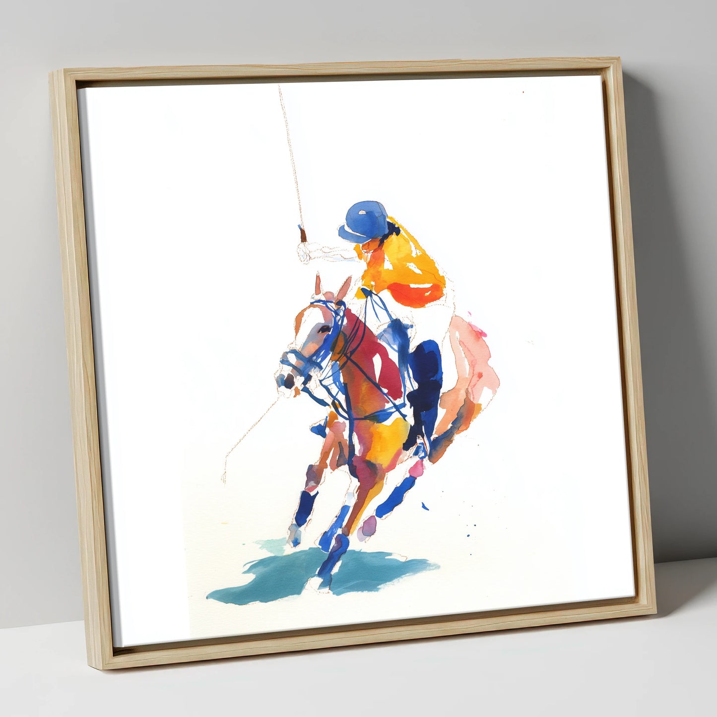 Dynamic Chukka polo horse canvas wall art in natural frame