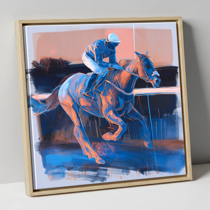 Cobalt Stride racing horse canvas wall art in natural frame