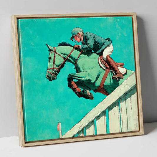 Teal Showjumper show jumping horse canvas wall art in natural frame