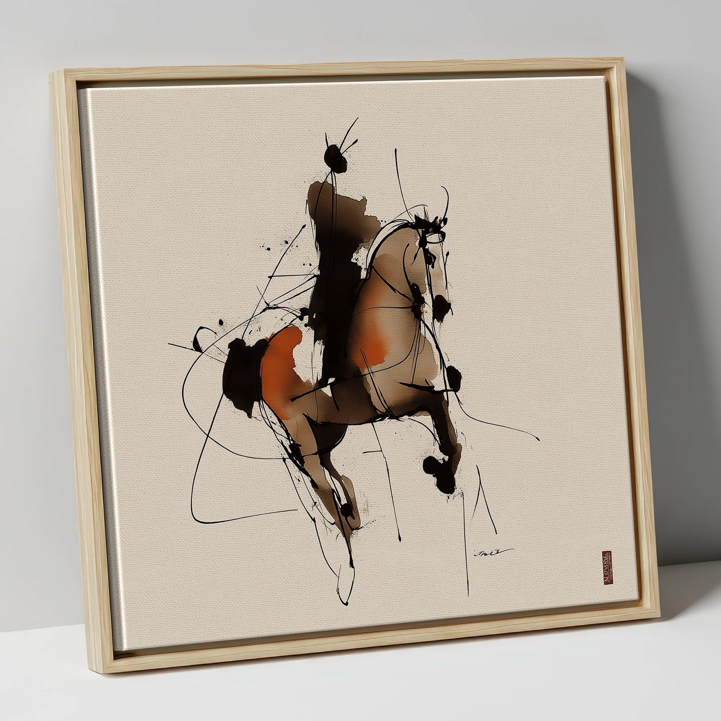 Abstract Dressage Silhouette dressage horse canvas wall art in natural frame