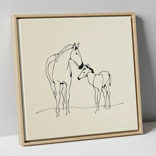 Quiet Maternal Bond mare & foal canvas wall art in natural frame