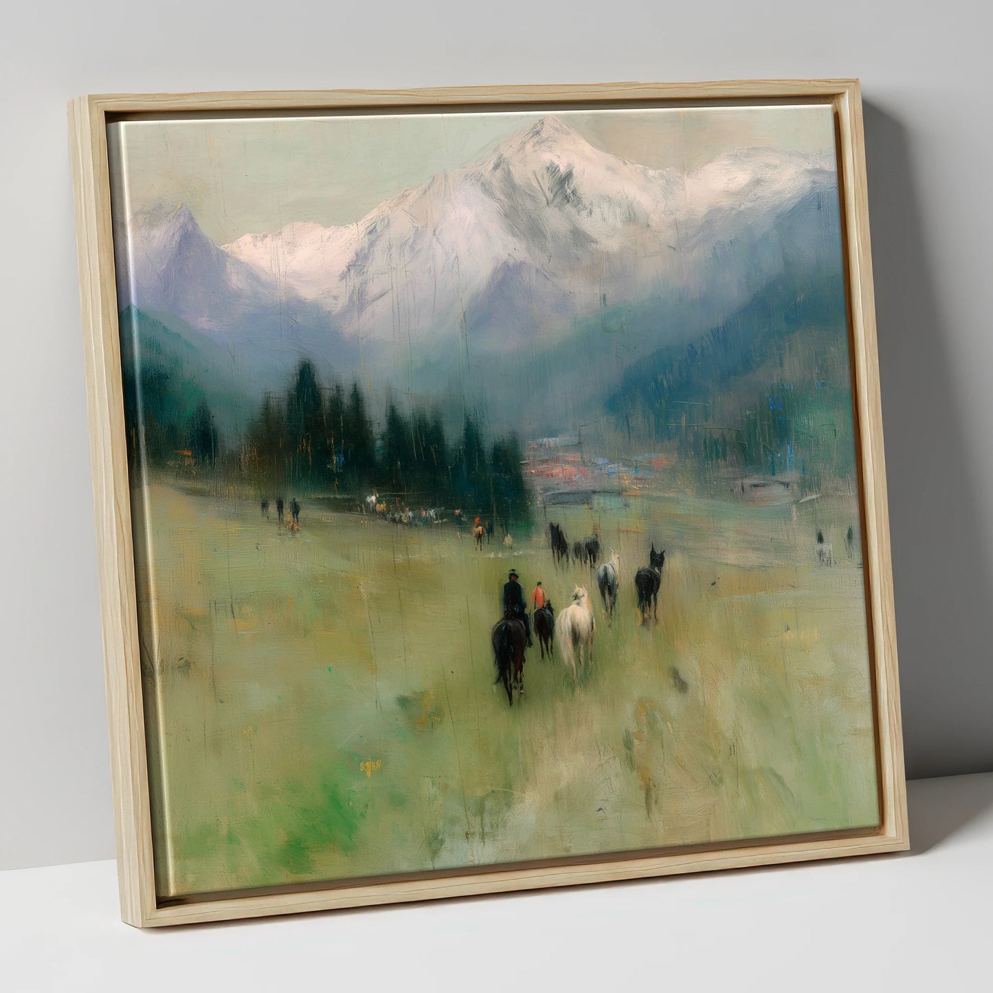 Distant Valley Ride horse landscape canvas wall art in natural frame