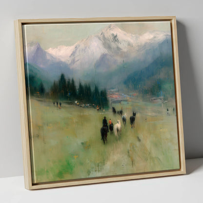 Distant Valley Ride horse landscape canvas wall art in natural frame