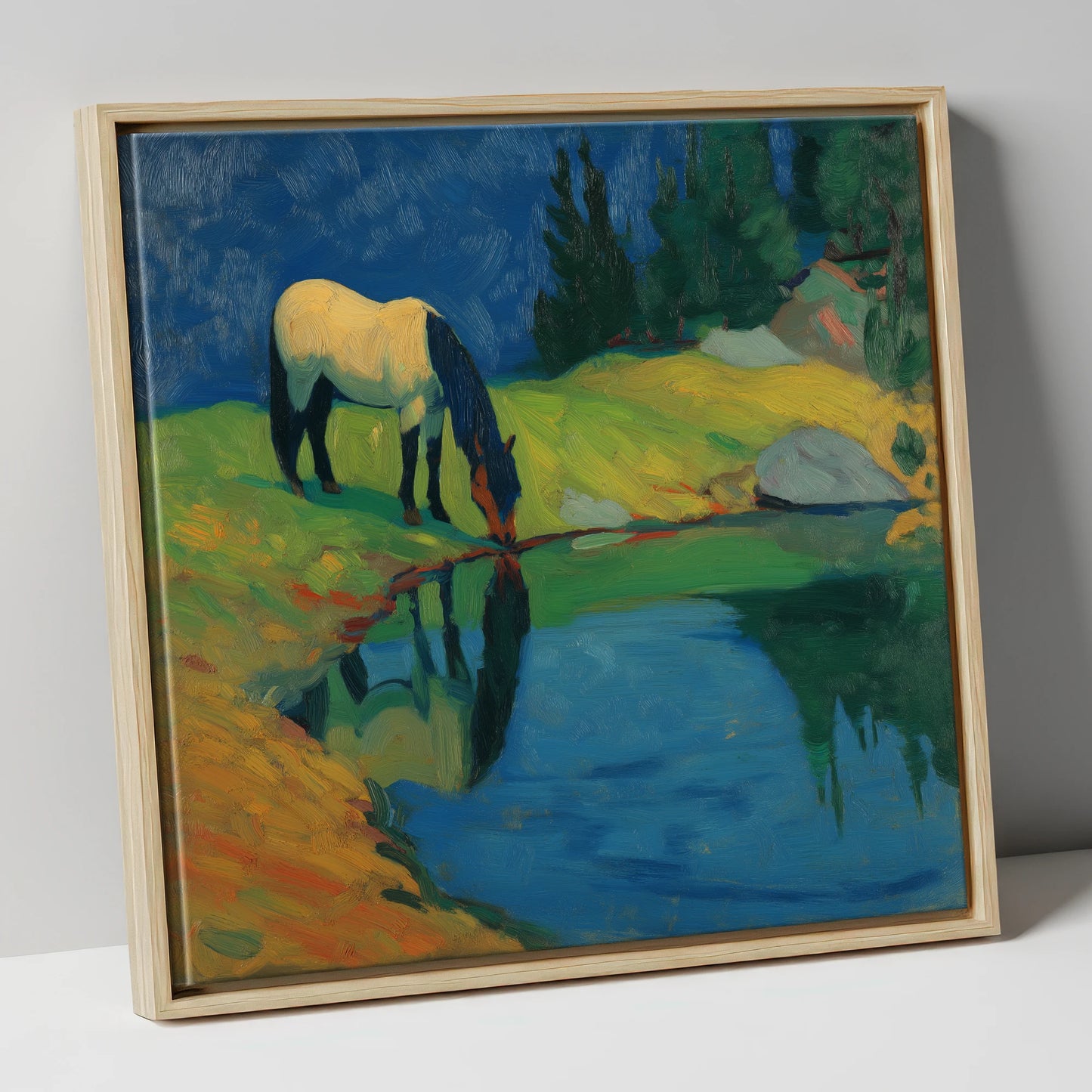 Sapphire Pool Reflections horse landscape canvas wall art in natural frame