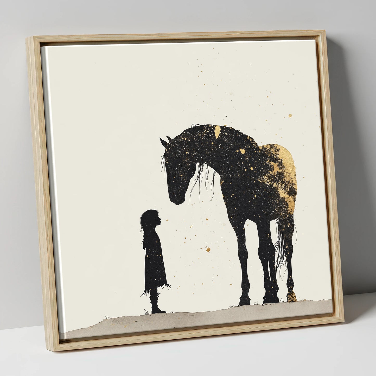 Whispers in Gold horse & rider canvas wall art in natural frame