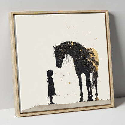 Whispers in Gold horse & rider canvas wall art in natural frame