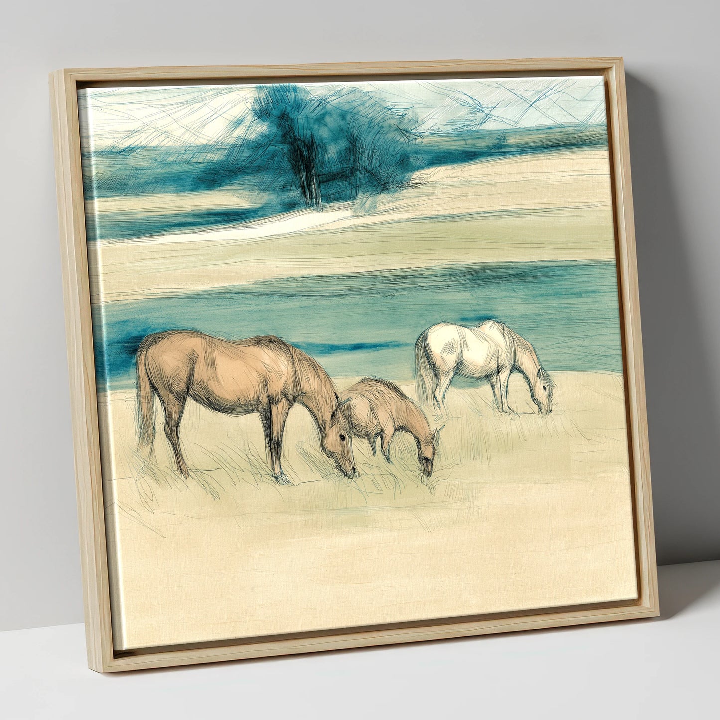 Tranquil Teal Pastures mare & foal canvas wall art in natural frame