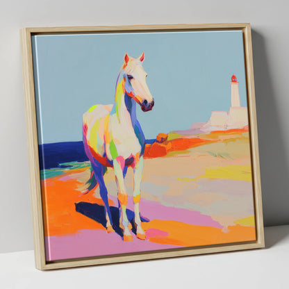 Vibrant Coastal Equine horse landscape canvas wall art in natural frame