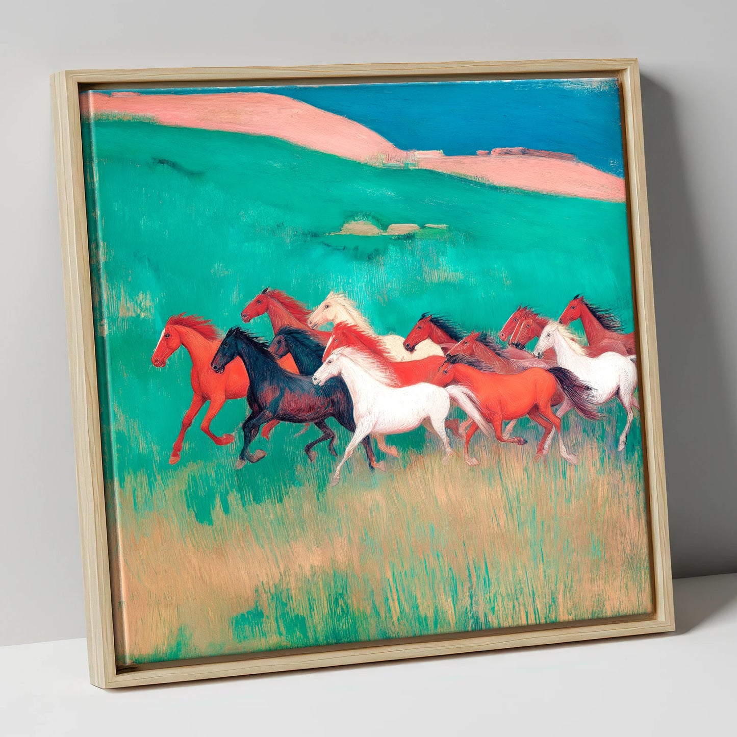 Crimson and Emerald Herd wild horses canvas wall art in natural frame