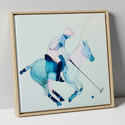 Cerulean Chukka polo horse canvas wall art in natural frame
