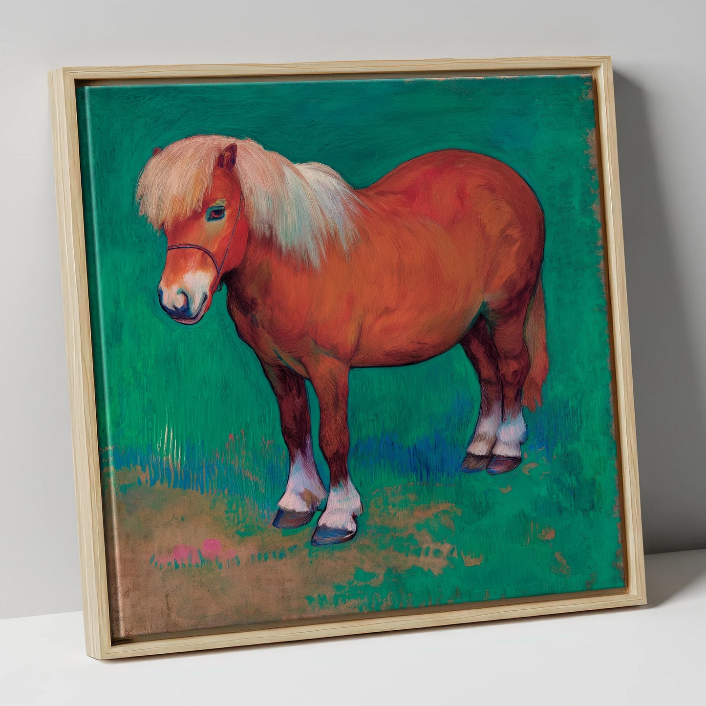 Emerald Chestnut Pony horse breed canvas wall art in natural frame