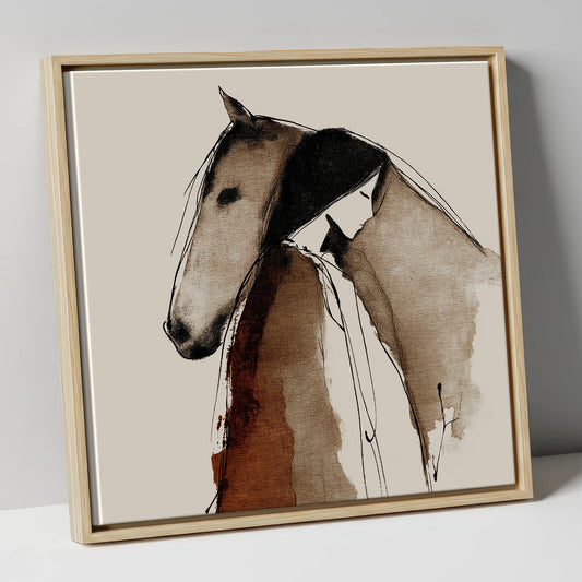 Sepia Horse and Woman Portrait horse & rider canvas wall art in natural frame