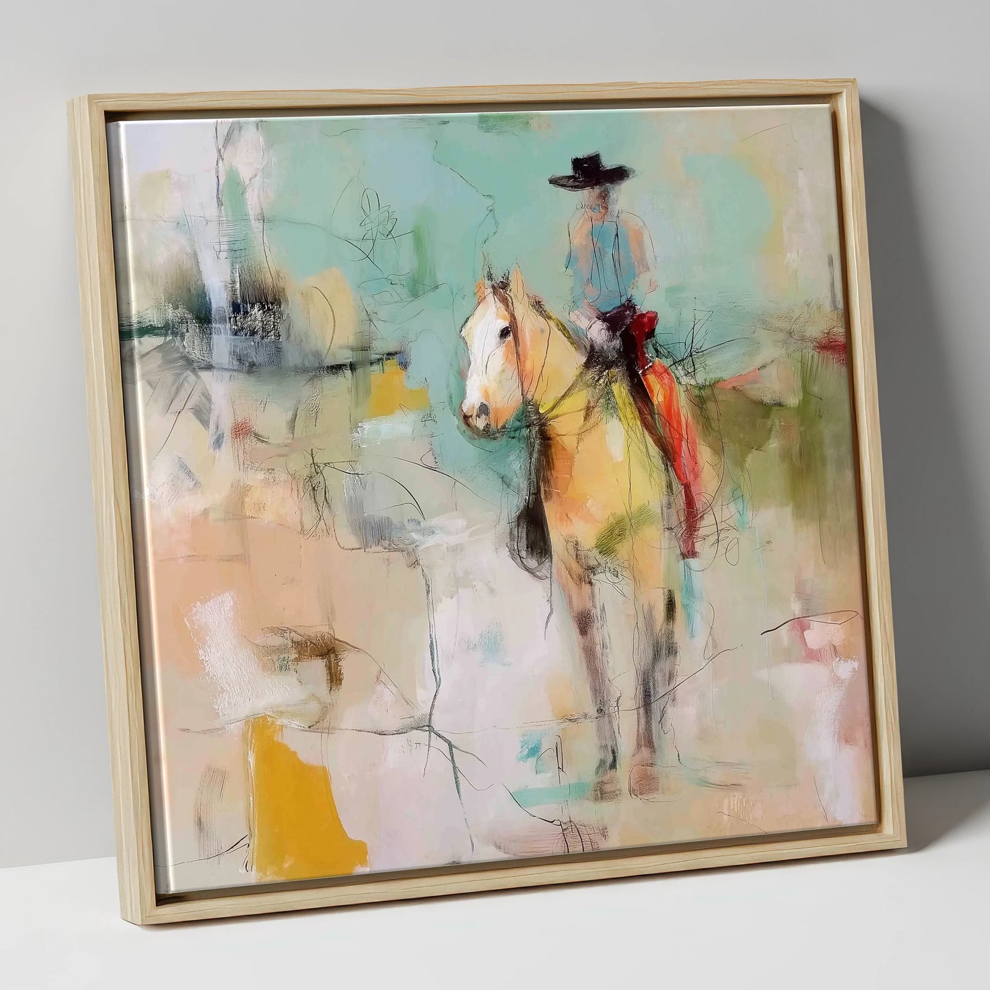 Painted Western Silhouette western horse canvas wall art in natural frame