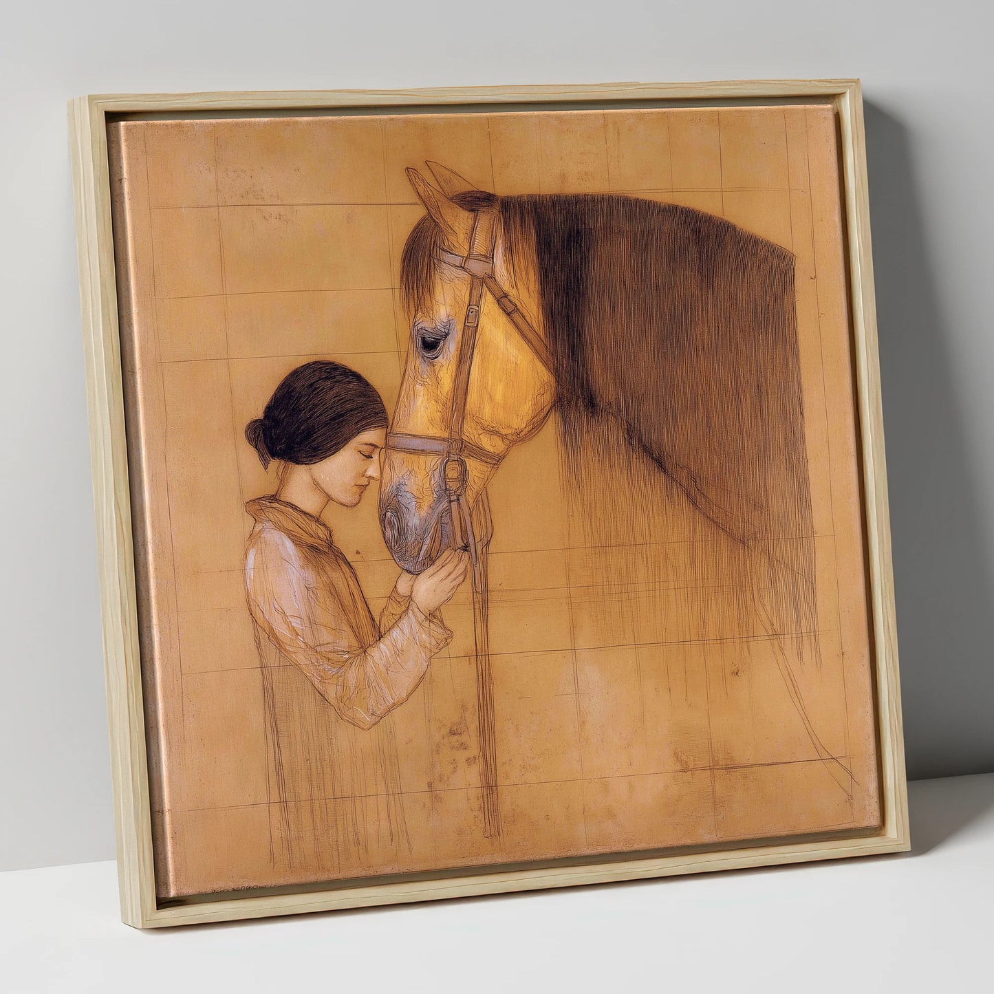 The Silent Bond horse & rider canvas wall art in natural frame