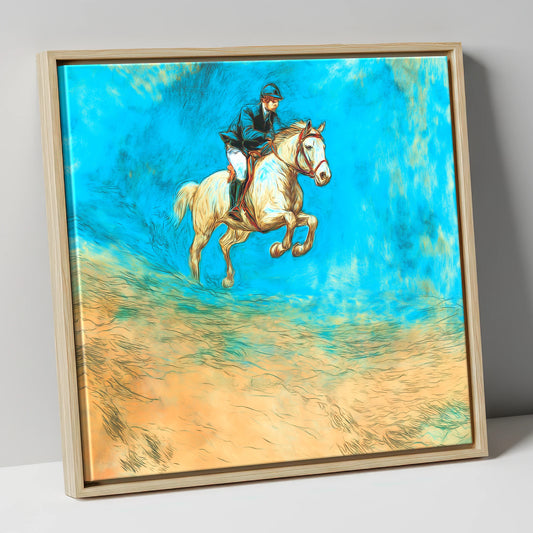 Flight in Cerulean show jumping horse canvas wall art in natural frame