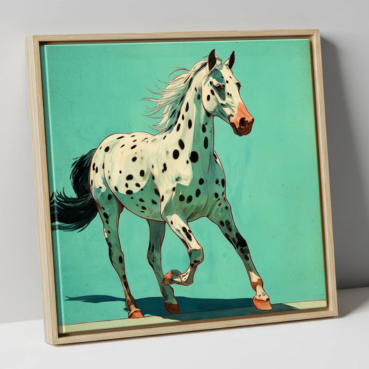 Spotted Appaloosa on Vivid Teal horse breed canvas wall art in natural frame