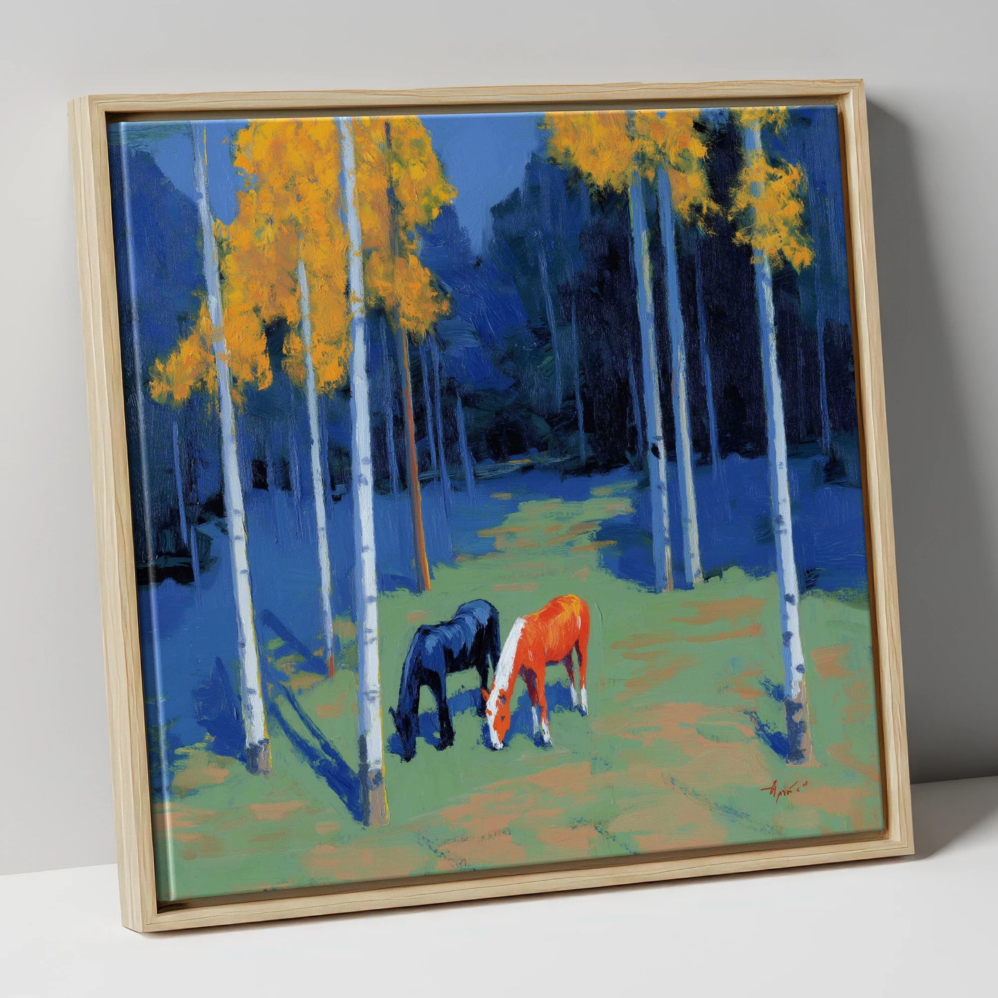 Birch Grove Grazing horse landscape canvas wall art in natural frame