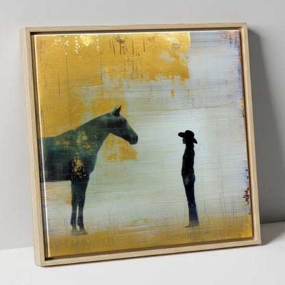 Golden Western Silhouette western horse canvas wall art in natural frame