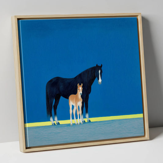 Azure Bond mare & foal canvas wall art in natural frame