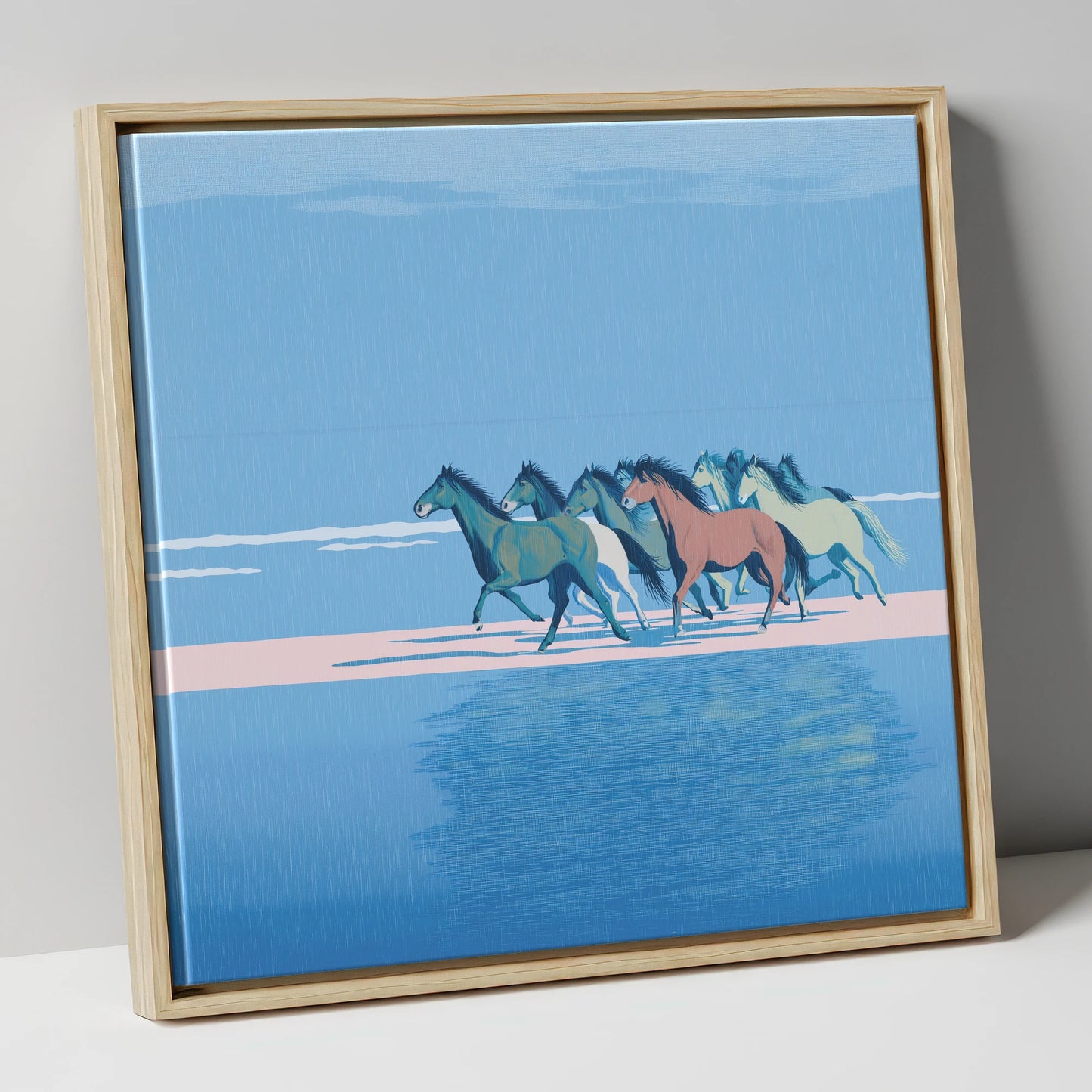 Coastal Canter wild horses canvas wall art in natural frame