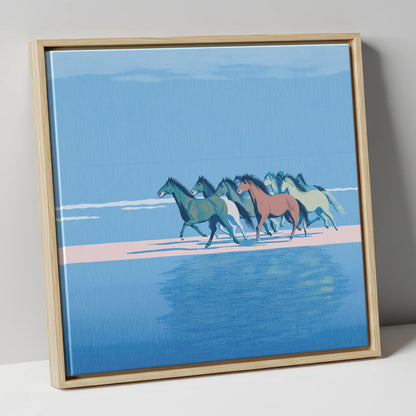 Coastal Canter wild horses canvas wall art in natural frame