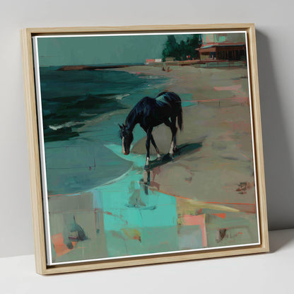 Coastal Solitude horse landscape canvas wall art in natural frame