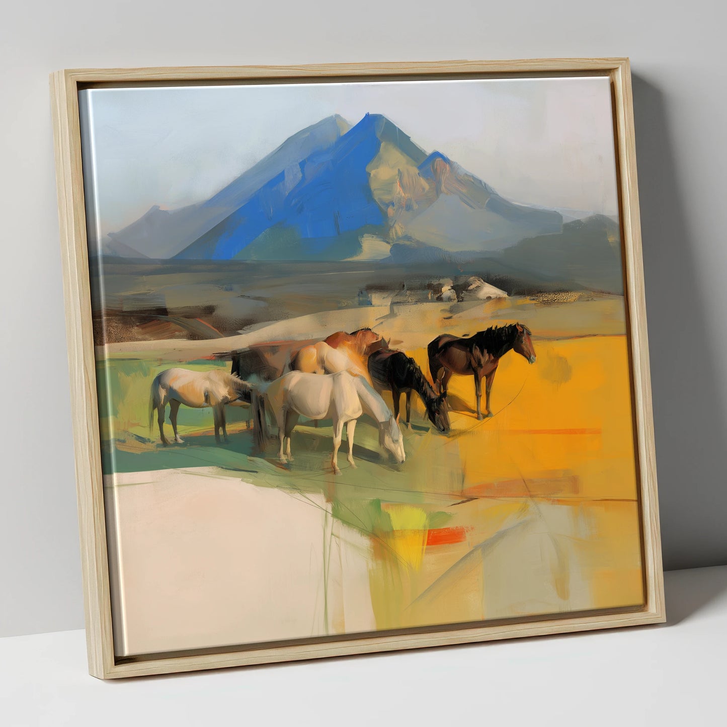 Grazing Beneath Cerulean Peaks horse landscape canvas wall art in natural frame