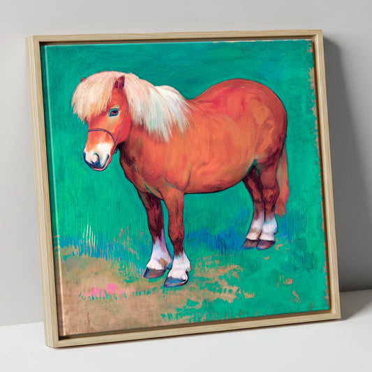Emerald Chestnut Pony horse breed canvas wall art in natural frame