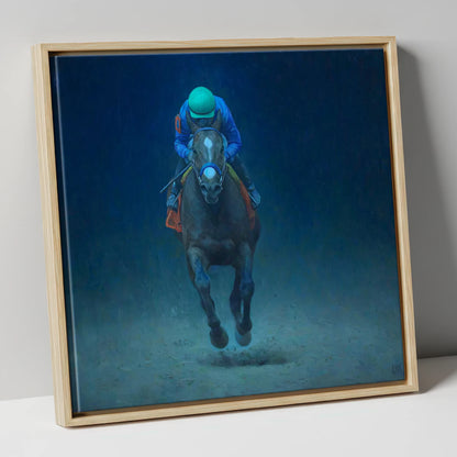 The Indigo Gallop racing horse canvas wall art in natural frame